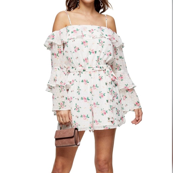 TOPSHOP Floral Cold Shoulder Long Sleeve Romper - Picture 2 of 4